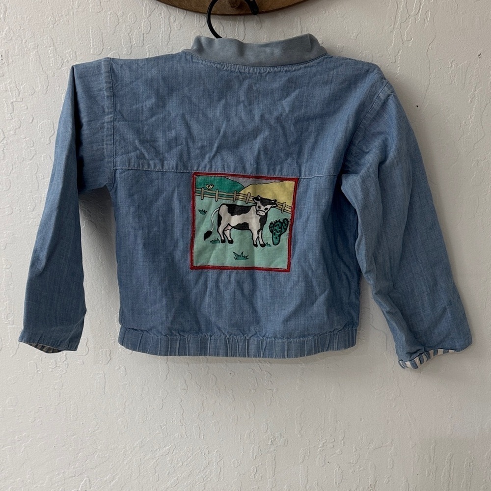 Vintage Reversible Chambray Denim Pinstripe Cow Patch Zip Jacket Kids